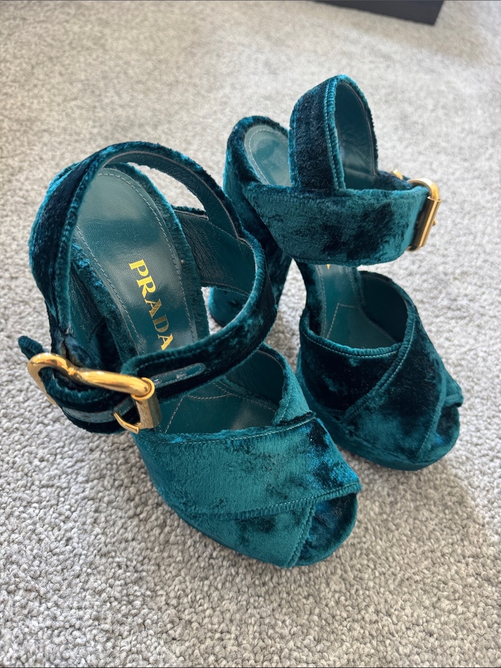 Prada Teal Velvet Platform Heels with Gold Buckles